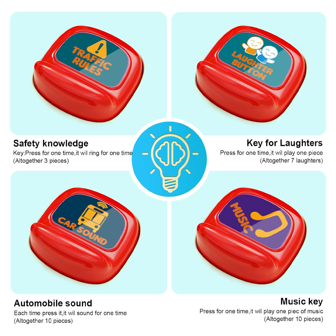 Preschooler "swiping a card" on a blue educational driving bus toy.
