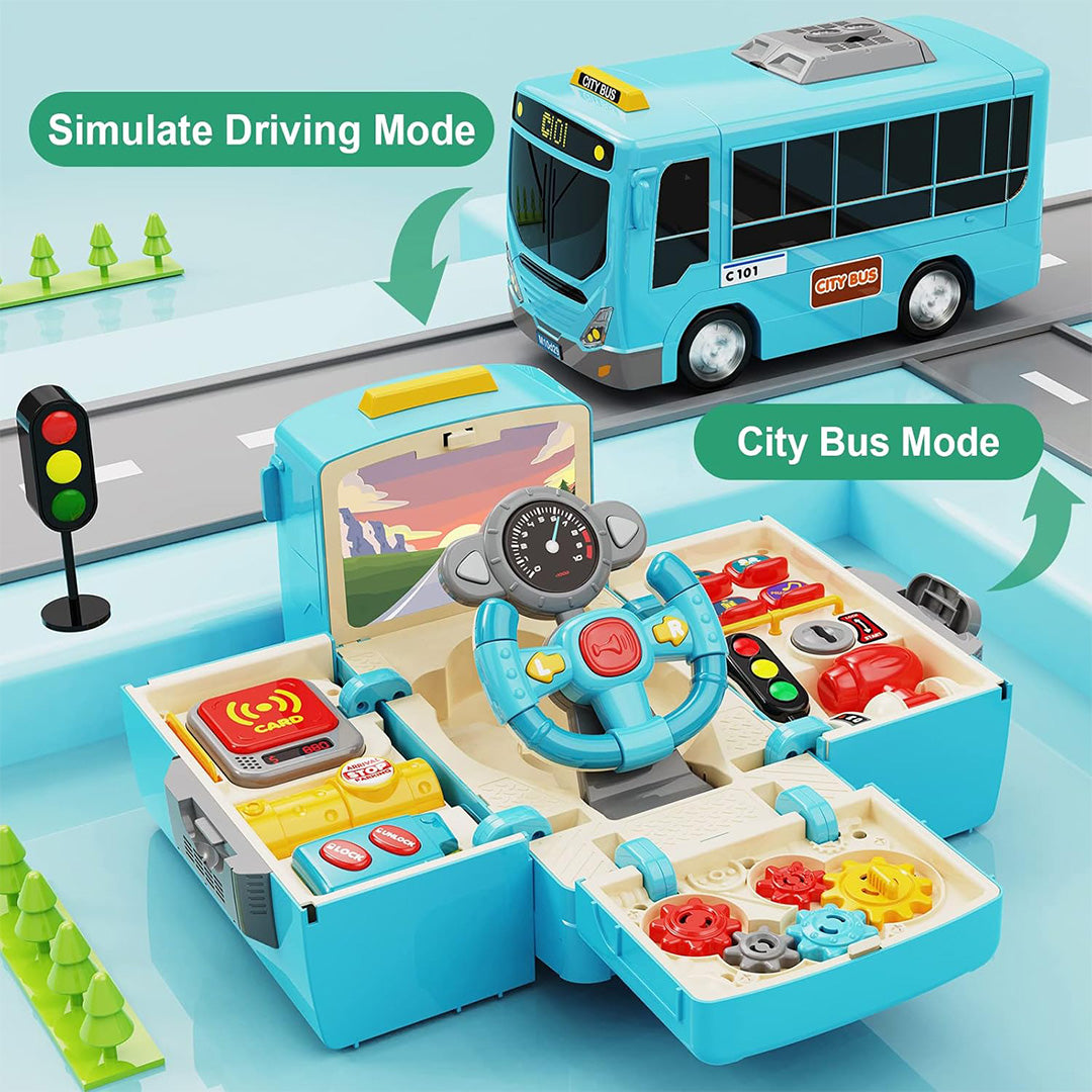 Simulation steering wheel driving bus toy with music and lights for kids.
