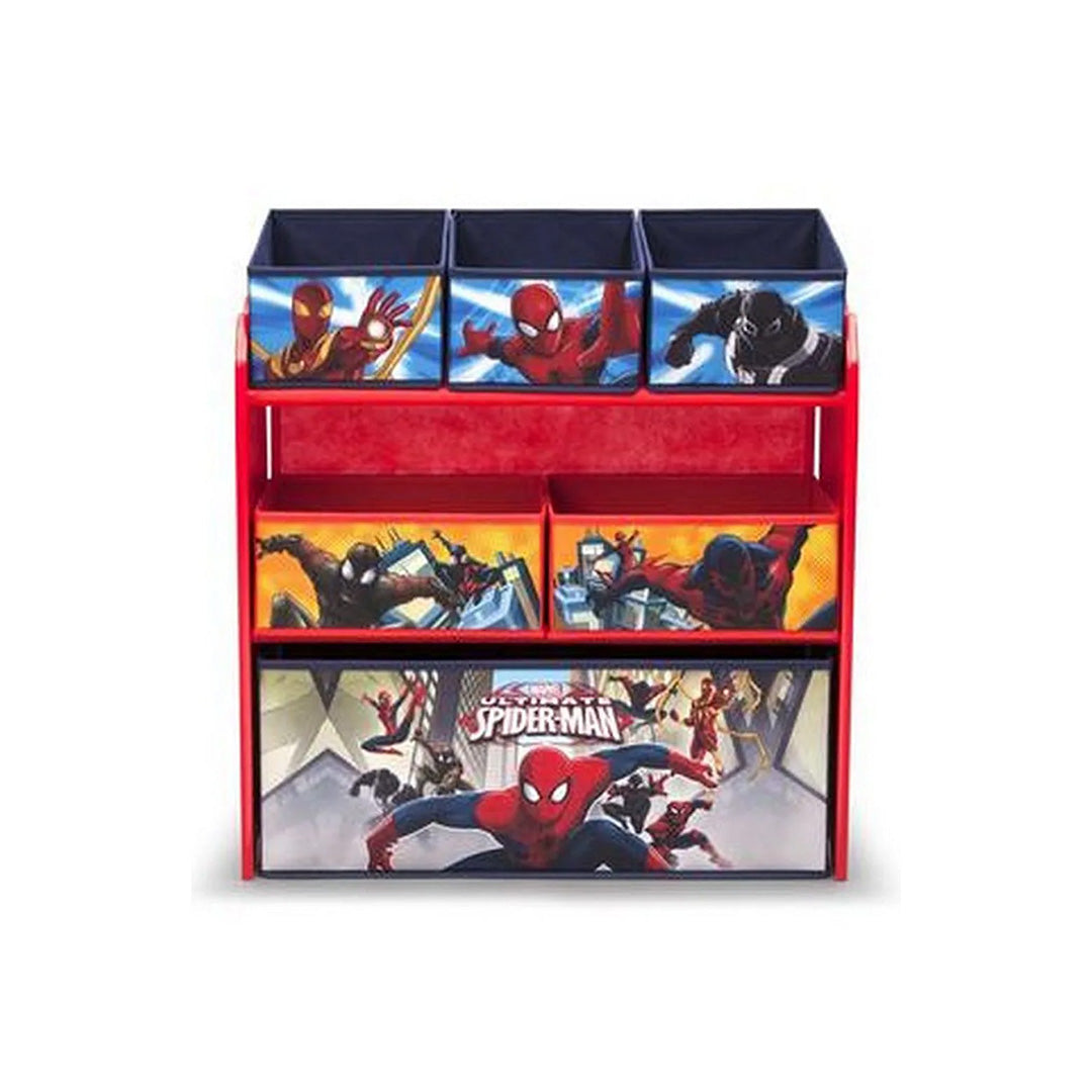Front view of the Spider-Man toy organizer, displaying the six red and blue fabric bins arranged in three tiers with the Spidey character header.