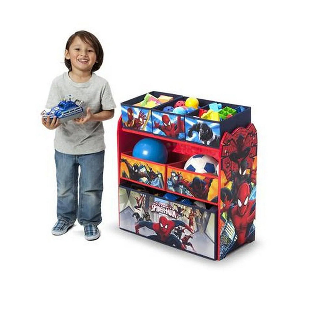 A lifestyle shot of the organizer placed in a boy's bedroom, complementing other superhero decor and keeping the floor clutter-free.