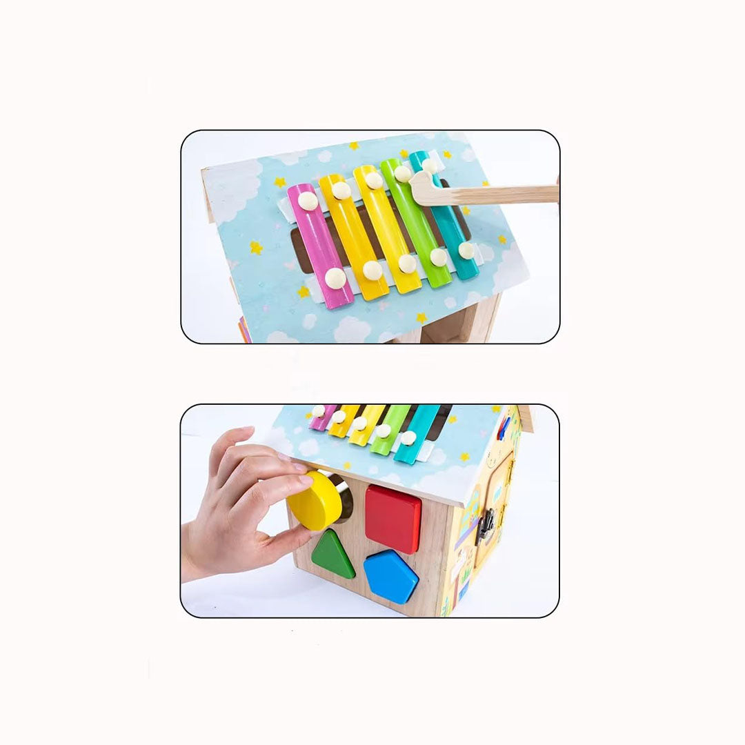 Wooden Activity Center House with Xylophone - Sensory Learning Toy for Kids - Toyspry