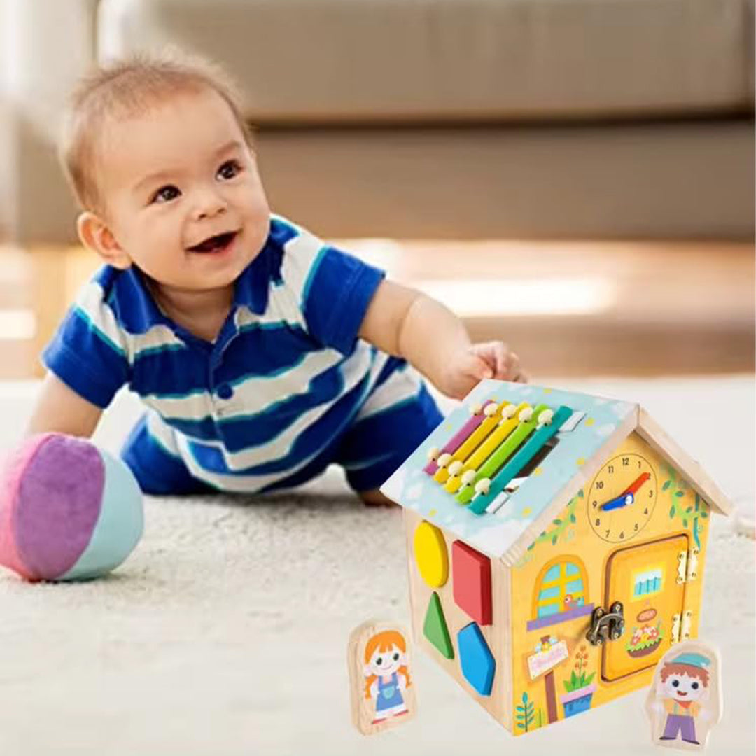Wooden Activity Center House with Xylophone - Sensory Learning Toy for Kids - Toyspry