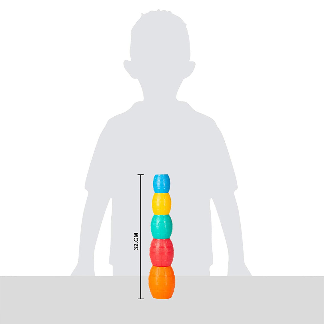 BPA-free plastic stacking and nesting barrels toy with smooth edges designed for safe toddler play.