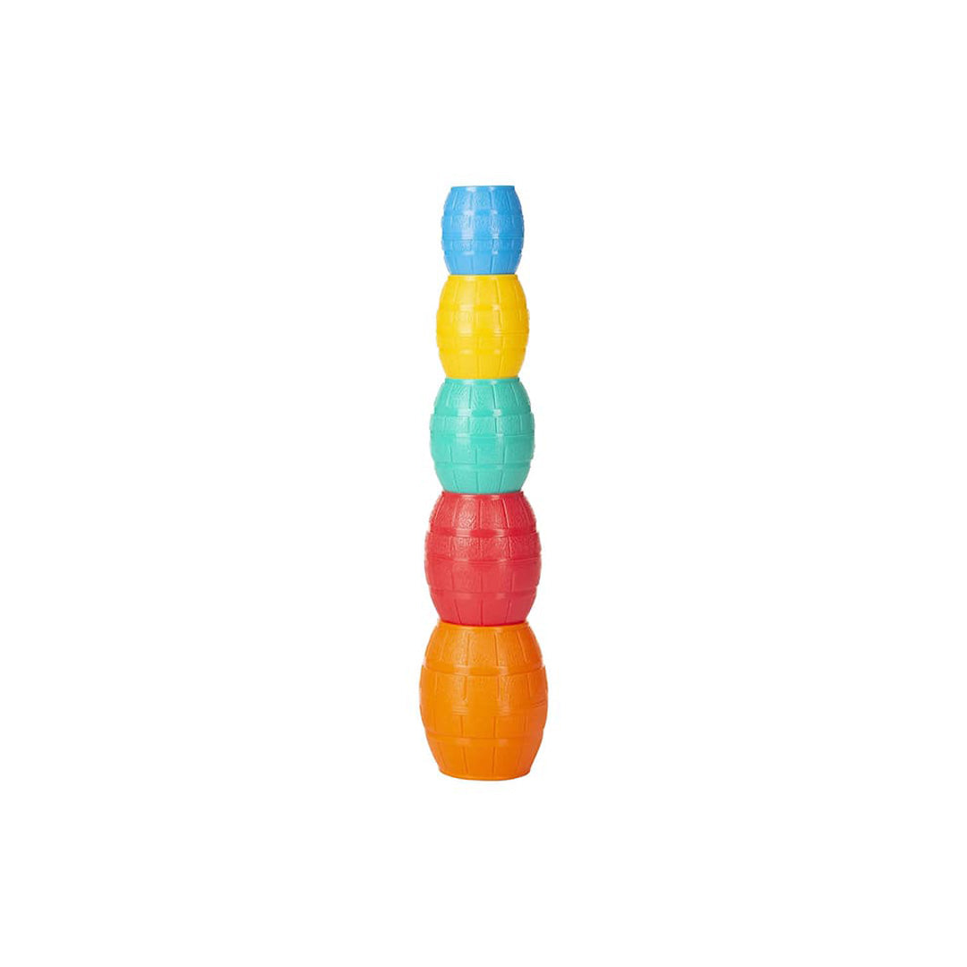 Toddler stacking toy with colorful barrels arranged into a tower to improve hand-eye coordination and problem-solving skills.