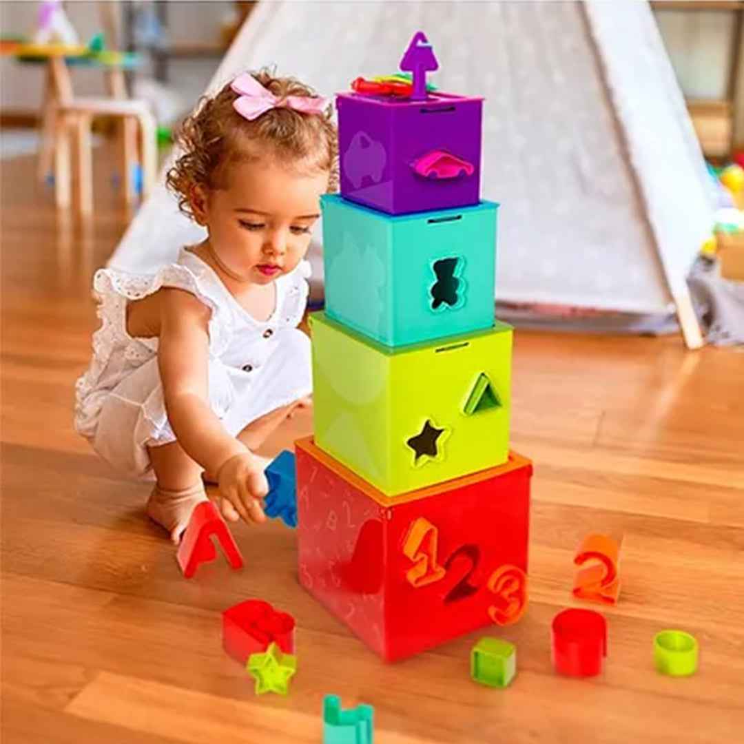 Battat Lock & Learn Cubes: Shape Sorter Cognitive Development Toy - Toyspry